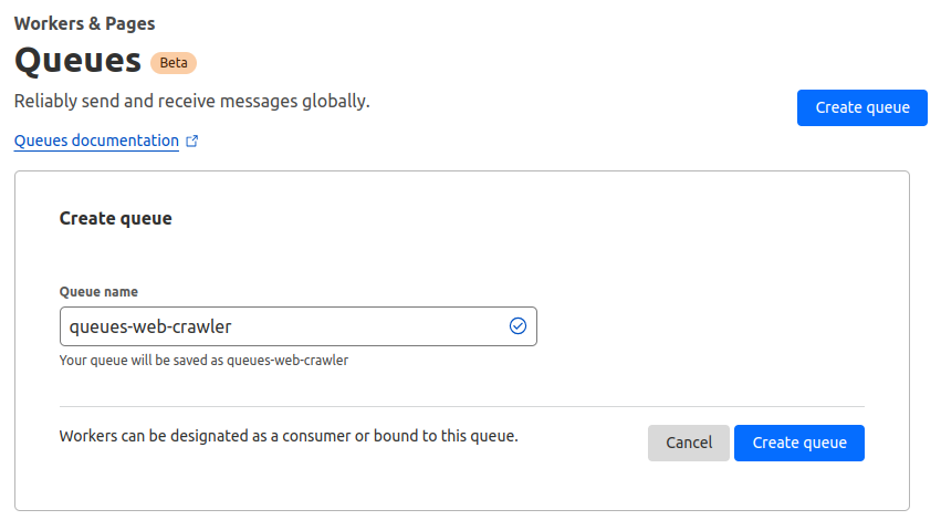 Creating a queue named queues-web-crawler