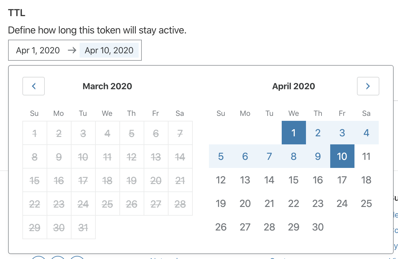 Time to Live selection calendar